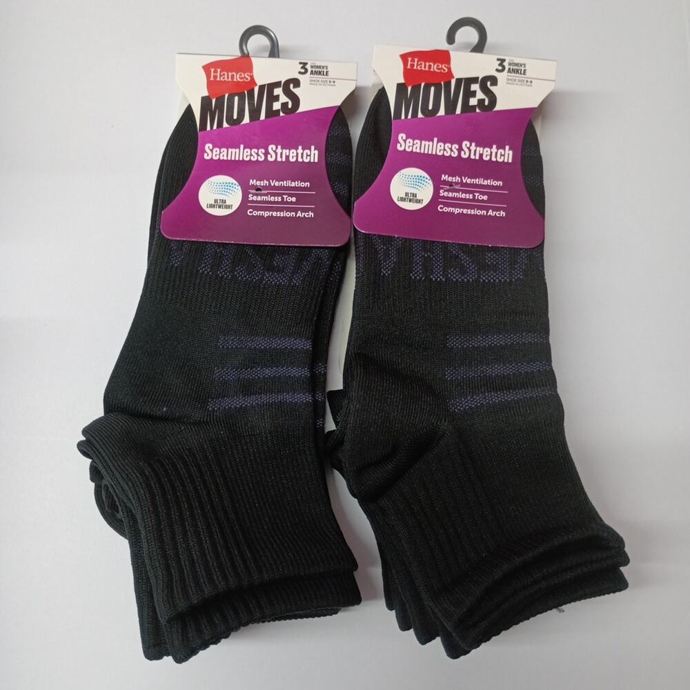Hanes Moves Ankle Socks 6 Pairs Women's Size 5-9 Black Seamless Stretch
